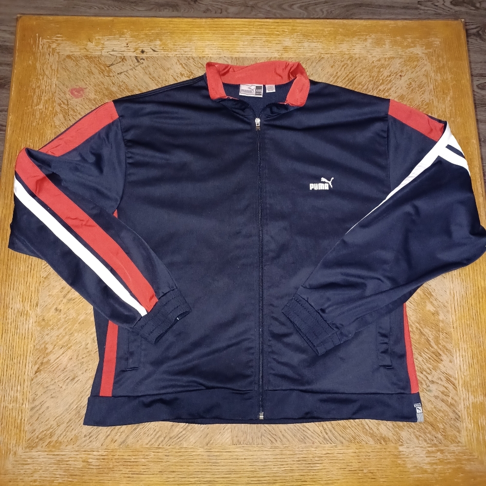 Puma Full Zip Track Jacket Mens Size 3XL Navy Blue Side Pocket Label Stripe. See
